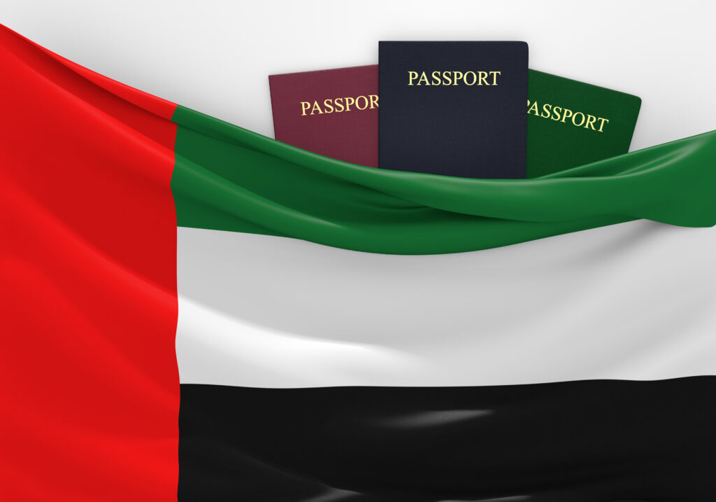 Vereinigte Arabische Emirate Flagge mit Reisepass